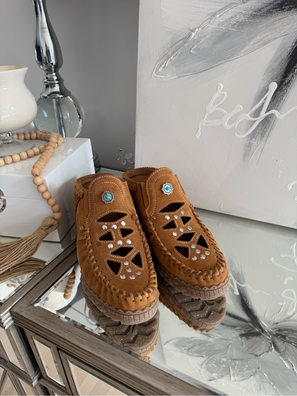 Tan Suede Women’s Slip-On Moccasins with Turquoise Accent